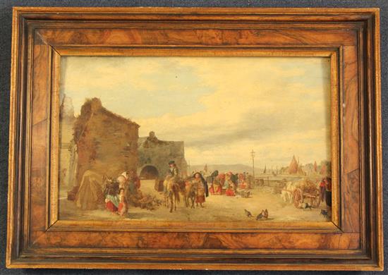 J. King (19th C.) Coastal scene with fisherfolk on the quay, 11.5 x 18.5in.